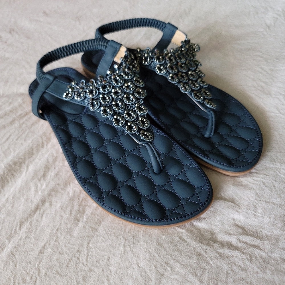 Blue summer flat sandals with rhinestone